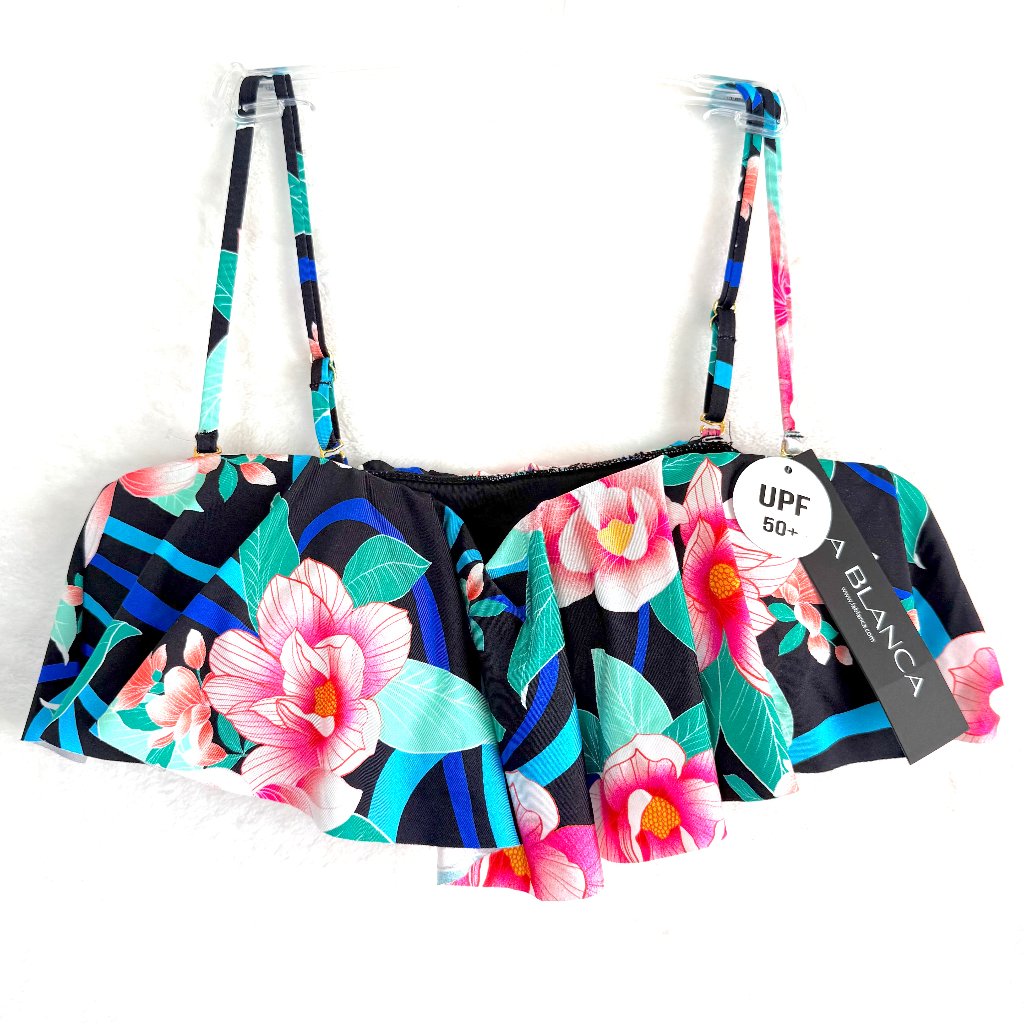 La Blanca Nightfall Bandeau Bikini Top Swimwear Womens 8 Black Floral Tropical